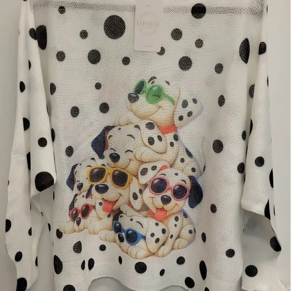 L19 Loowie Polka Dot Puppy Print Knit Sweater One Size